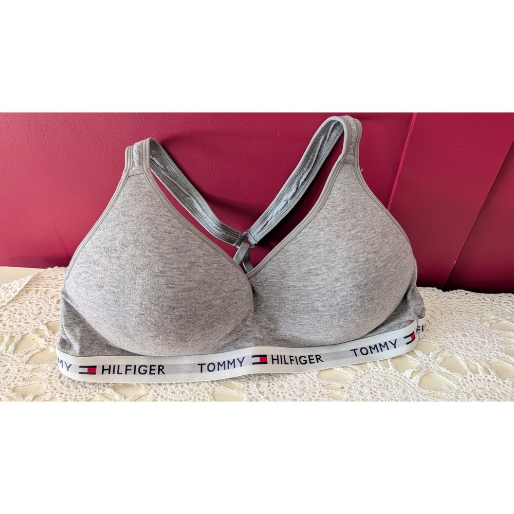 Tommy Hilfiger Womens Light Lift Classic Cotton Bralette Sports Bra Gray Large L